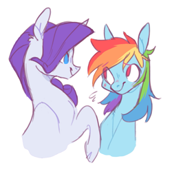 Size: 1079x1081 | Tagged: safe, artist:xenon, character:rainbow dash, character:rarity, species:pegasus, species:pony, species:unicorn, ship:raridash, blushing, ear fluff, female, lesbian, looking at each other, mare, no pupils, raised hoof, shipping, simple background, smiling, white background