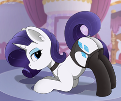 Size: 2400x2000 | Tagged: safe, artist:negasun, character:rarity, species:pony, species:unicorn, carousel boutique, choker, clothing, collar, dock, face down ass up, female, garter belt, garters, looking back, mare, plot, raised tail, rearity, socks, solo, stockings, tail, thigh highs