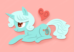 Size: 991x700 | Tagged: safe, artist:needsmoarg4, character:lyra heartstrings, species:pony, species:unicorn, alternate hairstyle, female, heart, heartstrings, mare, prone, smiling, solo