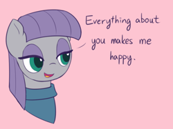 Size: 800x597 | Tagged: safe, artist:puetsua, character:maud pie, species:earth pony, species:pony, episode:the maud couple, g4, my little pony: friendship is magic, clothing, cute, dialogue, female, lidded eyes, mare, maudabetes, positive ponies, simple background, smiling, when she smiles
