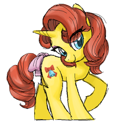 Size: 433x455 | Tagged: safe, artist:needsmoarg4, species:pony, species:unicorn, bow, female, honeybelle, mare, simple background, smiling, solo, tail bow, white background