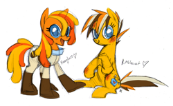Size: 1280x786 | Tagged: safe, artist:needsmoarg4, character:bumblesweet, character:honeybuzz, species:earth pony, species:pony, clothing, duo, duo female, female, mare, simple background, smiling, white background