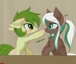 Size: 2000x1690 | Tagged: safe, artist:orang111, oc, oc only, oc:flower, oc:lynn, species:earth pony, species:pegasus, species:pony, bipedal, boop, eye contact, heck, looking at each other, schocked, table