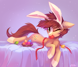 Size: 1811x1558 | Tagged: safe, artist:ramiras, artist:share dast, oc, oc only, oc:bead trail, species:earth pony, species:pony, bed, bunny ears, chest fluff, ear fluff, easter, easter bunny, easter egg, egg, female, floppy ears, fluffy, holiday, hoof fluff, leg fluff, looking at you, mare, mouth hold, one eye closed, prone, ribbon, rule 63, socks (coat marking), solo, ych result