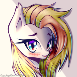Size: 2000x2000 | Tagged: safe, artist:chaosangeldesu, oc, oc only, oc:celestial aegis, species:bat pony, species:pony, bat pony oc, blushing, bust, ear fluff, eyelashes, fangs, female, looking at you, mare, multicolored hair, open mouth, portrait, simple background, slit eyes, solo, starry eyes, white background, wingding eyes