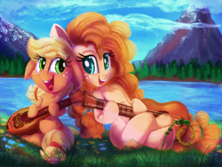 Size: 2000x1500 | Tagged: safe, artist:discorded, character:applejack, character:pear butter, species:earth pony, species:pony, cloud, cute, duo, female, filly, freckles, grass, guitar, jackabetes, lake, mare, mother and daughter, mountain, pearabetes, singing, sky, smiling, water