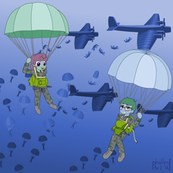 Size: 3000x3000 | Tagged: safe, alternate version, artist:phallen1, oc, oc only, oc:software patch, oc:windcatcher, species:human, my little pony:equestria girls, aircraft, airdrop, army, assault rifle, boots, camouflage, clenched teeth, equestria girls-ified, falling, female, glasses, gun, imperialism, invasion, male, parachute, paratrooper, reserve parachute, rifle, shoes, smiling, weapon