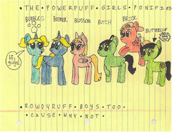 Size: 698x535 | Tagged: safe, artist:nightshadowmlp, species:pony, blossom (powerpuff girls), boomer, brick, bubbles (powerpuff girls), butch, lined paper, ponified, text, the powerpuff girls, the rowdyruff boys, traditional art