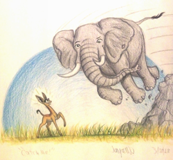 Size: 1040x964 | Tagged: safe, artist:thefriendlyelephant, oc, oc:nuk, oc:obi, animal in mlp form, antelope, derp, elephant, gerenuk, grass, rock, speed lines, this will end in pain, traditional art