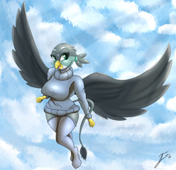 Size: 3759x3629 | Tagged: safe, artist:nexcoyotlgt, character:gabby, species:anthro, species:griffon, breasts, busty gabby, clothing, cute, female, socks, solo, stockings, stupid sexy gabby, sweater, thigh highs, wings