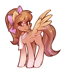 Size: 1941x2157 | Tagged: safe, artist:share dast, oc, oc only, species:pegasus, species:pony, bow, clothing, cute, eye clipping through hair, female, gradient hooves, hair bow, heterochromia, hoof fluff, looking at you, mare, ocbetes, ponytail, scarf, simple background, smiling, solo, spread wings, white background, wings
