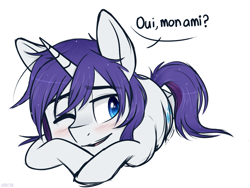 Size: 1083x816 | Tagged: safe, artist:higgly-chan, character:rarity, species:pony, species:unicorn, blushing, dialogue, elusive, french, lidded eyes, male, messy mane, one eye closed, open mouth, prone, rule 63, simple background, smiling, solo, speech bubble, stallion, text, wet mane, white background, wink