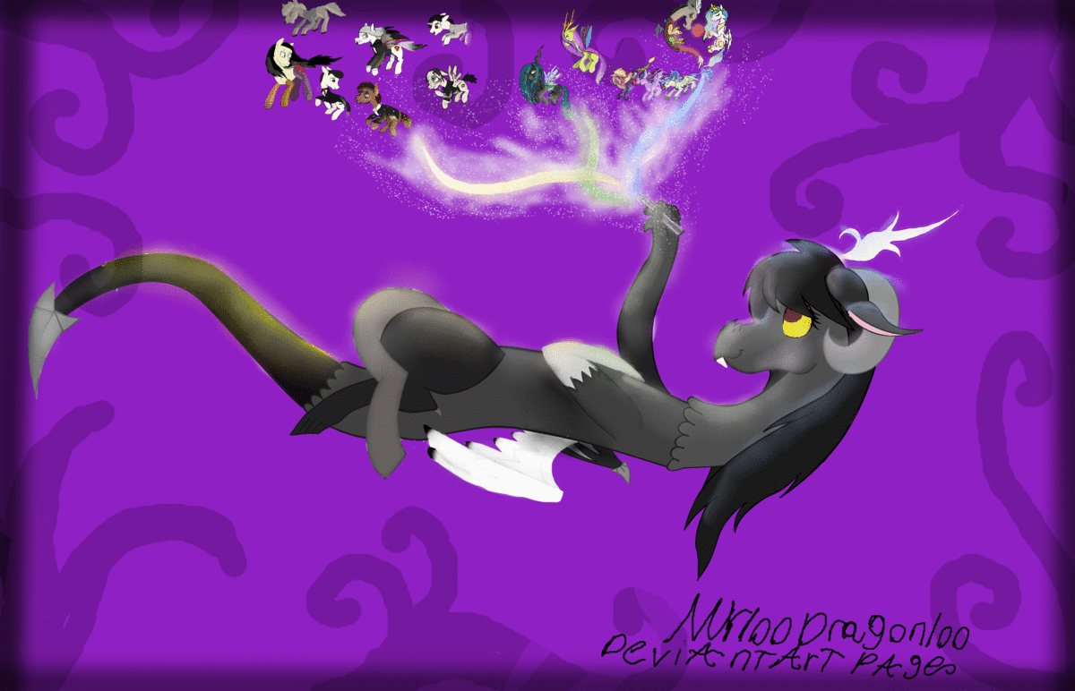 Size: 1200x772 | Tagged: safe, artist:mr100dragon100, character:discord, character:princess celestia, character:twilight sparkle, oc, oc:raven the draconequus, species:draconequus, species:hippogriff, ship:dislestia, animated, classic horror, dr.jekyll and mr.hyde, dracula, female, frankenstein's monster, gif, invisible man, male, phantom of the opera, shipping, straight, wolf pony