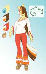 Size: 1616x2550 | Tagged: safe, artist:krowzivitch, oc, oc:golden age, species:anthro, anthro oc, clothing, headband, hippie, jewelry, reference sheet, sandals, solo