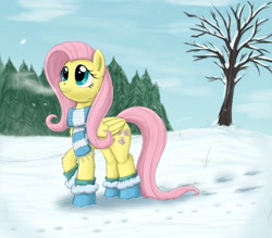Size: 2008x1762 | Tagged: safe, artist:otakuap, character:fluttershy, bare tree, boots, breath, clothing, cute, female, fluffy, hoofprints, looking up, raised hoof, scarf, smiling, snow, snowfall, solo, tree, winter
