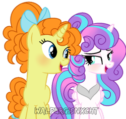 Size: 600x567 | Tagged: safe, artist:t-aroutachiikun, base used, character:princess flurry heart, character:pumpkin cake, species:alicorn, species:pony, species:unicorn, ship:pumpkinheart, adult, alternate universe, bow, duo, female, hair bow, lesbian, mare, older, older flurry heart, older pumpkin cake, shipping, simple background, transparent background, watermark