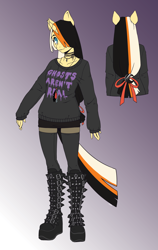 Size: 1616x2550 | Tagged: safe, artist:krowzivitch, oc, oc only, oc:golden age, species:anthro, anthro oc, boots, clothing, goth, gradient background, hairtie, jewelry, reference sheet, shoes, socks, solo, sweater