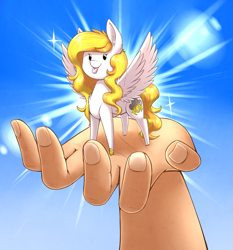 Size: 1839x1975 | Tagged: safe, artist:otakuap, oc, oc only, oc:storm shield, species:pegasus, species:pony, blep, cute, disembodied hand, hand, horseshoes, in goliath's palm, silly, solo, tiny, tiny ponies, tongue out