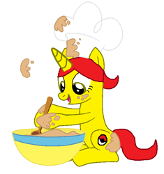 Size: 640x680 | Tagged: safe, artist:nightshadowmlp, oc, oc only, oc:game point, batter, bowl, chef's hat, clothing, cooking, crossover, food, happy, hat, old design, pokéball, pokémon, spoon