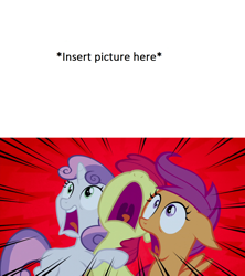 Size: 1280x1440 | Tagged: safe, artist:nightshadowmlp, edit, edited screencap, screencap, character:apple bloom, character:scootaloo, character:sweetie belle, species:pegasus, species:pony, episode:appleoosa's most wanted, g4, my little pony: friendship is magic, cutie mark crusaders, exploitable meme, meme, screaming, template, what are the crusaders screaming at