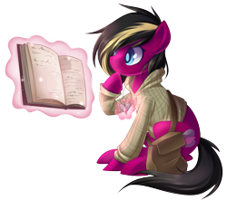 Size: 3013x2661 | Tagged: safe, artist:drawntildawn, oc, oc only, species:pony, book, clothing, commission, female, hoodie, levitation, magic, mare, pendant, reading, simple background, sitting, solo, telekinesis, transparent background