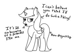 Size: 1400x1000 | Tagged: safe, artist:spritepony, oc, oc only, oc:sprite, species:alicorn, species:bat pony, species:pony, alicorn oc, alternate timeline, alternate universe, grayscale, grumpy, looking at you, monochrome, nightmare takeover timeline, sketch, solo, speech, text, walking