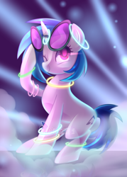 Size: 3000x4200 | Tagged: safe, artist:drawntildawn, character:dj pon-3, character:vinyl scratch, female, one eye closed, smiling, solo, watermark