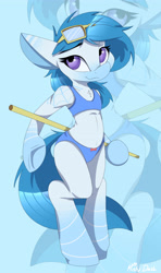 Size: 2696x4555 | Tagged: safe, artist:mistydash, oc, oc only, oc:melony, species:pony, bipedal, blue underwear, bra, bra on pony, chest fluff, clothing, crop top bra, female, looking at you, panties, ribbon, semi-anthro, solo, standing, underwear, zoom layer