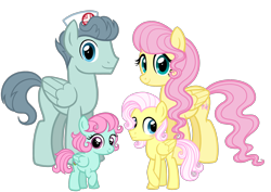 Size: 2232x1584 | Tagged: safe, artist:thecheeseburger, character:fluttershy, oc, parent:fluttershy, species:pegasus, species:pony, colt, doctor high fever, family, female, filly, looking at you, male, mare, next generation, nurse outfit, offspring, parent:doctor high fever, parents:shyfever, shipping, shyfever, simple background, smiling, stallion, straight, transparent background