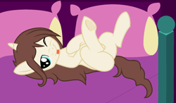 Size: 1024x596 | Tagged: safe, artist:cindydreamlight, base used, oc, oc only, oc:annabelle, species:pony, species:unicorn, bed, female, mare, on back, one eye closed, pillow, solo, tongue out, wink