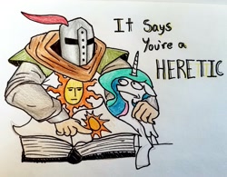 Size: 3495x2726 | Tagged: safe, artist:smirk, character:princess celestia, species:alicorn, species:human, species:pony, armor, book, colored pencil drawing, dark souls, duo, female, helmet, heretic, human male, male, man, mare, praise the sun, request, solaire of astora, traditional art