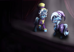 Size: 1189x841 | Tagged: safe, artist:cafecomponeis, character:jack pot, character:trixie, species:pony, species:unicorn, episode:grannies gone wild, g4, my little pony: friendship is magic, awkward, awkward moment, blurred background, cape, clothing, curtains, father and daughter, female, glitter, hat, male, stage, top hat, trixie's cape, trixie's hat