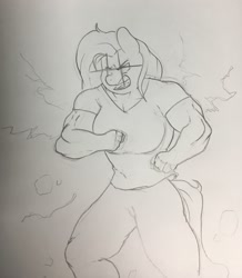 Size: 1116x1280 | Tagged: safe, artist:zacharyisaacs, character:fluttershy, species:anthro, species:pegasus, species:pony, all might, angry, biceps, breasts, busty fluttershy, clenched fist, clothing, female, gritted teeth, mare, monochrome, muscles, muscleshy, my hero academia, one for all, pants, quirked pony, shiny eyes, shirt, simple background, sketch, solo, this will not end well, traditional art, using quirk