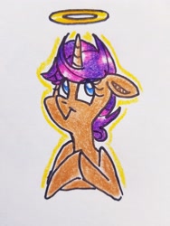 Size: 3024x4032 | Tagged: safe, artist:smirk, oc, oc only, oc:grim grin, halo, hooves together, not scootaloo, totally innocent, traditional art
