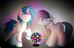 Size: 2300x1493 | Tagged: safe, artist:drawntildawn, character:dj pon-3, character:octavia melody, character:vinyl scratch, dancing, glow bracelets, octavia is not amused, unamused