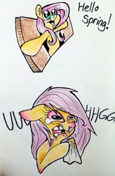Size: 2653x4032 | Tagged: safe, artist:smirk, character:fluttershy, species:pony, allergies, crying, regret, runny nose, sick, spring, tissue, traditional art
