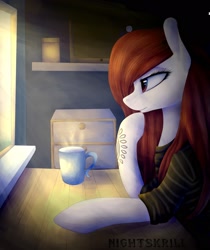 Size: 1718x2048 | Tagged: safe, artist:nightskrill, oc, oc only, species:earth pony, species:pony, clothing, female, indoors, looking out the window, mare, mug, profile, solo, table, tattoo, window