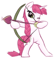Size: 776x849 | Tagged: safe, artist:needsmoarg4, character:lovestruck, species:pony, species:unicorn, aiming, bipedal, bow (weapon), female, mare, one eye closed, simple background, solo, white background