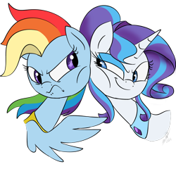 Size: 800x800 | Tagged: safe, artist:emositecc, character:rainbow dash, character:rarity, species:pegasus, species:pony, species:unicorn, comic:sparkle, alternate universe, angry, female, frown, horn, jewelry, looking at each other, mare, necklace, rivalry, simple background, smiling, transparent background, wings