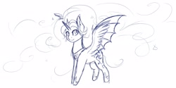 Size: 2560x1280 | Tagged: safe, artist:nightskrill, character:nightmare moon, character:princess luna, species:alicorn, species:pony, chibi, ear fluff, female, hybrid wings, mare, monochrome, nicemare moon, sketch, smiling, solo, spread wings, wings