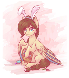 Size: 2169x2451 | Tagged: safe, artist:nightskrill, oc, oc only, species:pegasus, species:pony, basket, braided tail, bunny ears, candy, easter, easter basket, easter egg, female, food, holiday, mare, sitting, solo, sweets