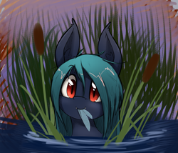 Size: 1909x1631 | Tagged: safe, artist:otakuap, oc, oc only, species:bat pony, species:pony, bat pony oc, cattails, eating, female, insect, large ears, looking at you, mare, smiling, solo, this ended in death, water