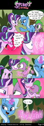 Size: 800x2245 | Tagged: safe, artist:emositecc, character:spike, character:starlight glimmer, character:trixie, species:dragon, species:pony, species:unicorn, comic:spike to the rescue, ship:sparlight, episode:molt down, g4, my little pony: friendship is magic, blushing, comic, denial, dialogue, female, hundreds of users filter this tag, kissing, male, now kiss, semi-grimdark series, shipper on deck, shipping, speech bubble, straight, sudden kiss, teleportation, the great and powerful shipper, vulgar, winged spike