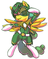 Size: 609x746 | Tagged: safe, artist:needsmoarg4, character:masquerade (g1), species:pegasus, species:pony, g1, bipedal, clothing, costume, female, g1 to g4, generation leap, green ranger, mare, power rangers, simple background, solo, white background