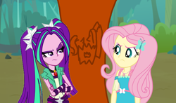 Size: 2000x1176 | Tagged: safe, artist:bigpurplemuppet99, character:aria blaze, character:fluttershy, ship:ariashy, g4, my little pony: equestria girls, my little pony:equestria girls, angry, female, flutterblaze, geode of fauna, lesbian, magical geodes, shipping