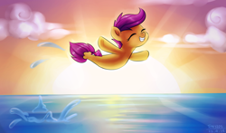 Size: 1700x1000 | Tagged: safe, artist:tcn1205, character:scootaloo, species:pegasus, species:pony, species:seapony (g4), episode:surf and/or turf, g4, my little pony: friendship is magic, breach, cute, cutealoo, eyes closed, female, jumping, ocean, seaponified, seapony scootaloo, smiling, solo, species swap, sunset
