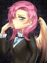 Size: 750x1000 | Tagged: safe, artist:tzc, character:fluttershy, species:human, episode:fake it 'til you make it, my little pony:equestria girls, anime, bust, clothing, ear piercing, female, fluttergoth, humanized, looking sideways, piercing, portrait, profile, solo, wing piercing, winged humanization, wings