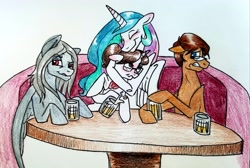 Size: 3803x2554 | Tagged: safe, artist:smirk, character:princess celestia, character:raven inkwell, oc, oc:barred hold, oc:bristleback, alcohol, blushing, booth, flustered, grab, hug, request, smiling, smirk, spilled drink, traditional art