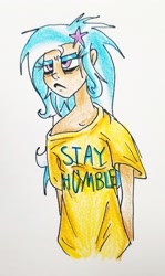 Size: 1689x2834 | Tagged: safe, artist:smirk, character:trixie, species:human, bed mane, clothing, grumpy, humanized, oversized clothes, pouting, shirt, sleepy, t-shirt, tired, traditional art