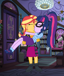 Size: 3024x3564 | Tagged: safe, artist:bigpurplemuppet99, character:sunset shimmer, character:twilight sparkle, character:twilight sparkle (scitwi), species:eqg human, ship:scitwishimmer, ship:sunsetsparkle, g4, my little pony: equestria girls, my little pony:equestria girls, bridal carry, carrying, female, kissing, lesbian, sci-twi's room, shipping